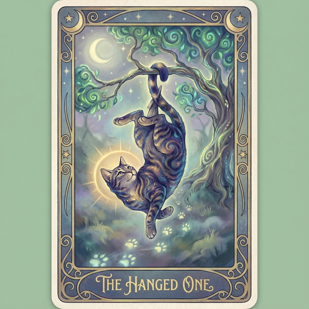 The Playful Cat (The Hanged One) tarot card