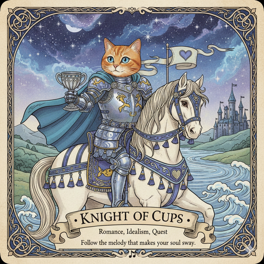 Alley Cat of Milk Bowls (Knight of Cups) tarot card