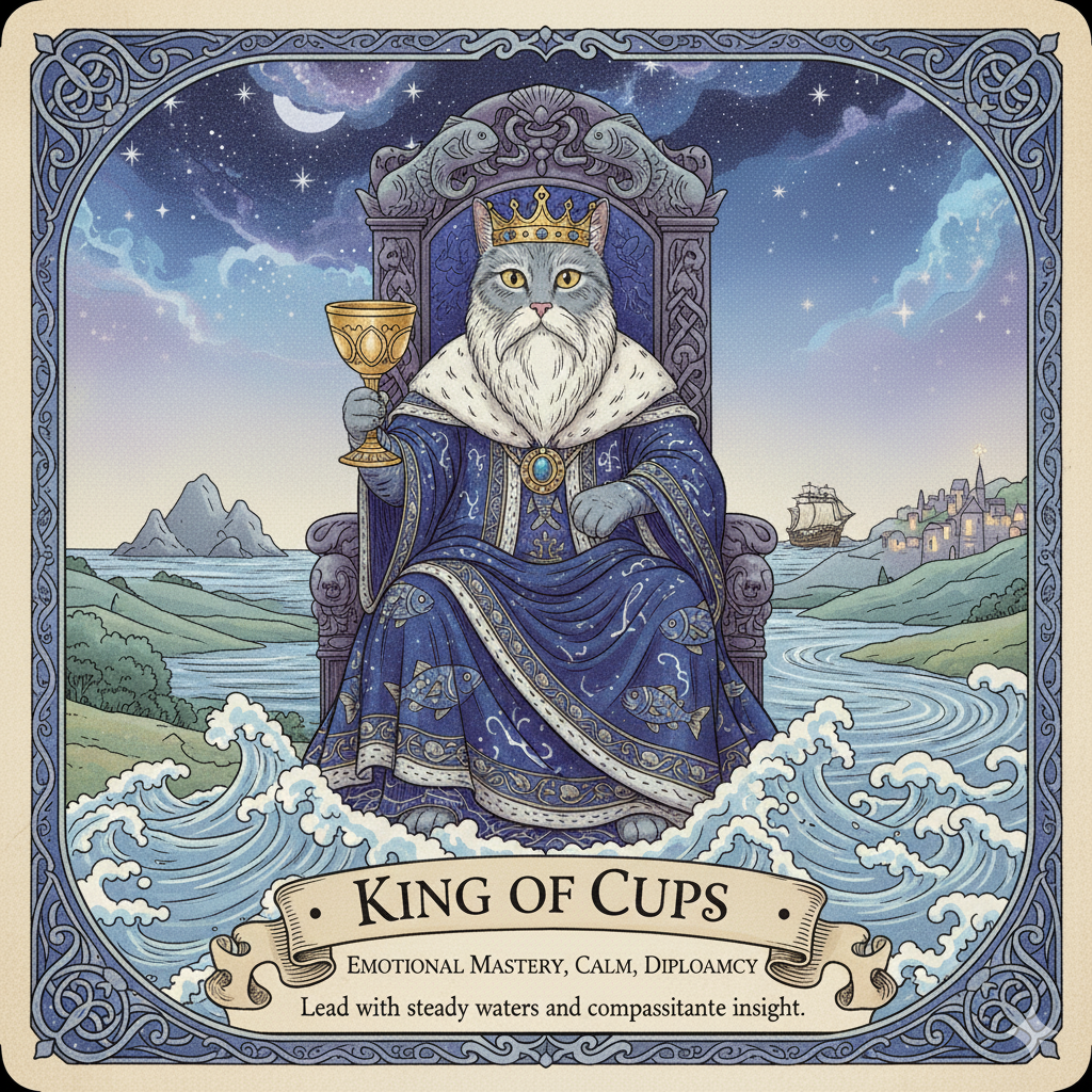 Lion King of Milk Bowls (King of Cups) tarot card