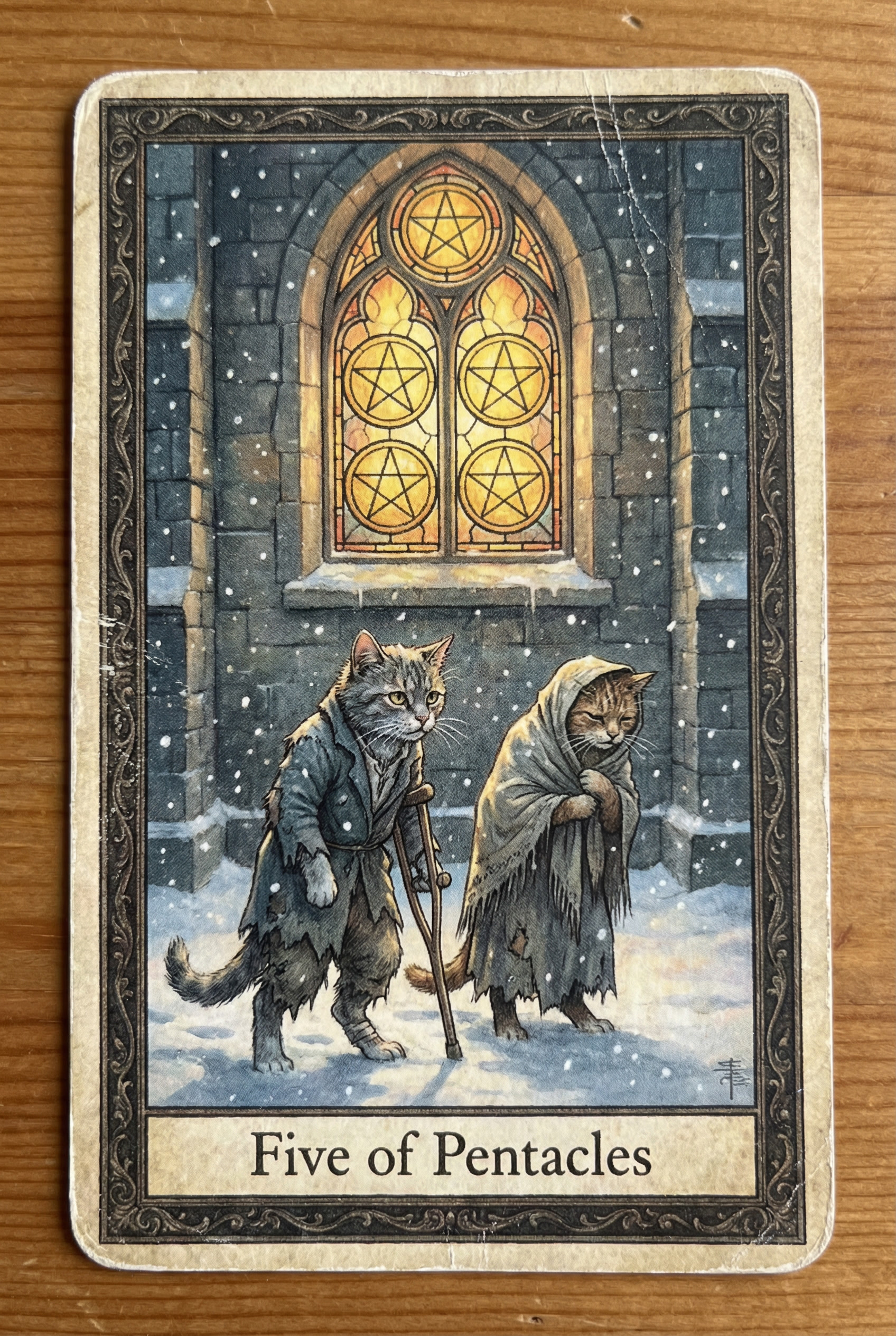 Five of Yarn Balls (Five of Pentacles) tarot card