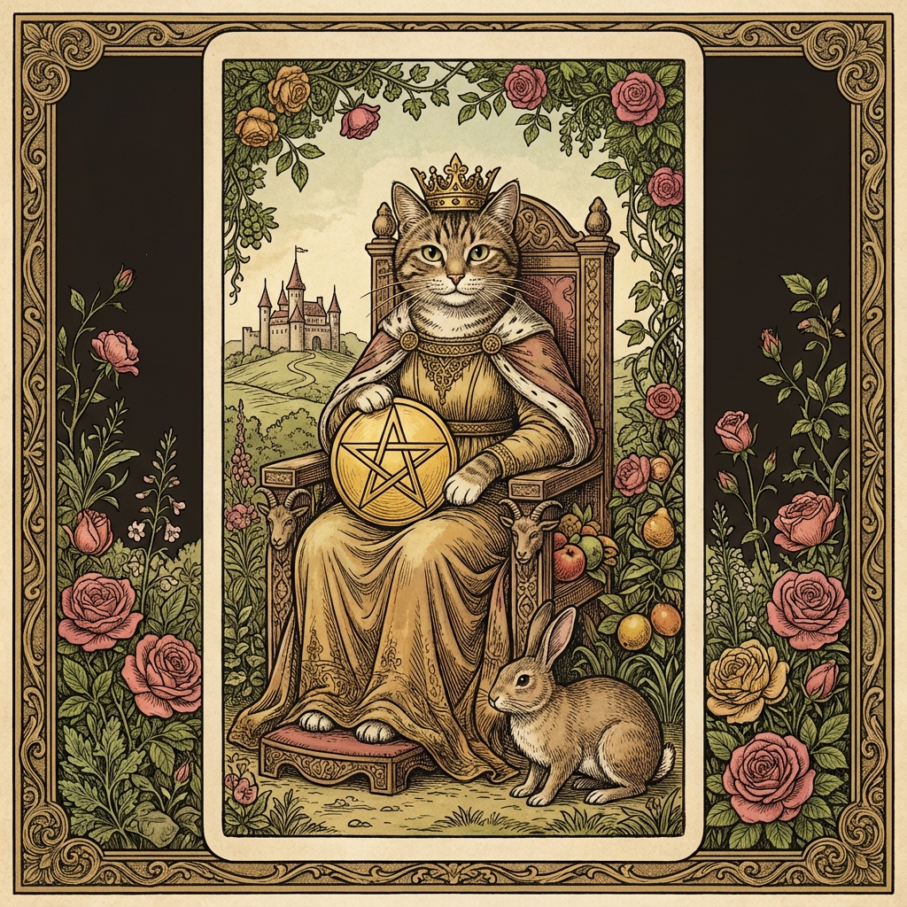 Queen Cat of Yarn Balls (Queen of Pentacles) tarot card