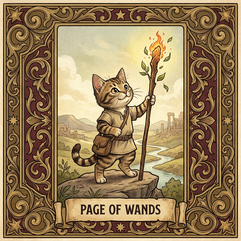 Kitten of Scratching Posts (Page of Wands) tarot card