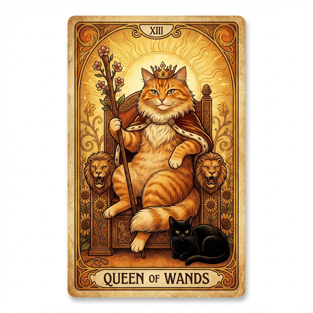 Queen Cat of Scratching Posts (Queen of Wands) tarot card